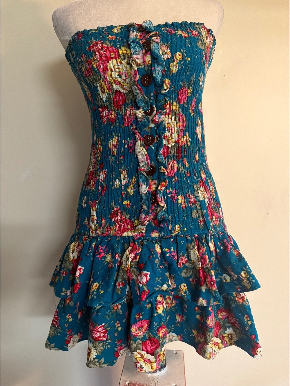 Deb Strapless Mini Dress Floral Linen Y2K Size Small